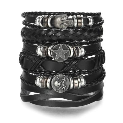 China Vintage KISSWIFE Vintage Bangle Skull Star Braided Handmade Multilayer Black Leather Punk Adjustable Bracelet For Women Men for sale