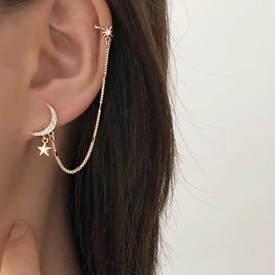 China KISSWIFE High Quality Fashion Trend 18K Gold Thin Layer Chain Crystal Moon Star Earring New Clip On Ear Cuff For Women for sale