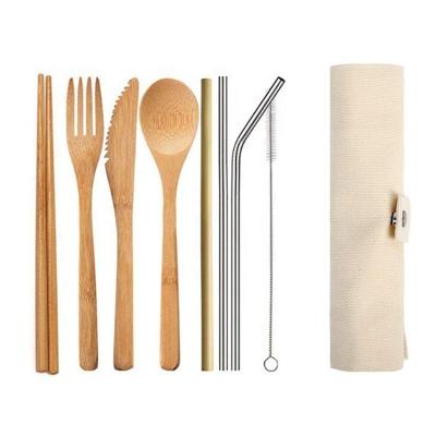 China Sustainable Eco-Friendly Reusable Bamboo Cutlery Set Metal Straw Cleaning Brush Fork Spoon Chopsticks Kit for sale