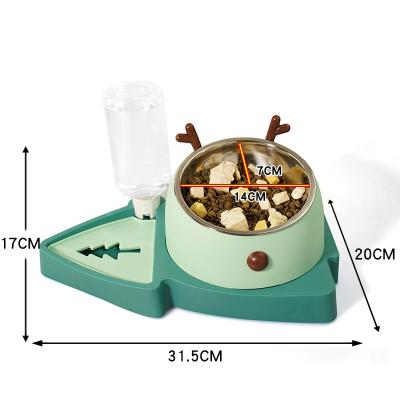 China Automatic Christmas Tree Shape Slow Food Bowl Stainless Steel PP Raised Dog Food Water 3 In 1 Pet Bowls With Water Dispenser for sale