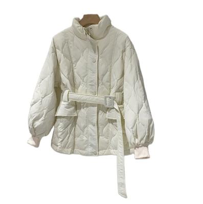 China Leesourcing Waterproof Wholesale 800 Fill Recycled Fabric Ultra Light Thin Female Down Jacket With Belt for sale