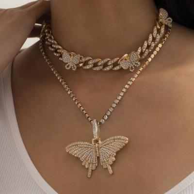 China Retro Fashion Big Butterfly Metal Hiphop Full Rhinestone Cuban Link Diamond Necklace Chain Necklace for sale