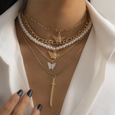 China FASHIONABLE Wholesale Gold Plated Butterfly Multi Bead Jewelry Pendant Necklace Set for sale