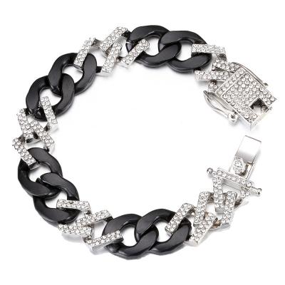 China Fashion TRENDY Street Exaggerated Hip Hop Full Cuban Bracelet 15mm Silver and Black Two Tone Rhinestone for sale