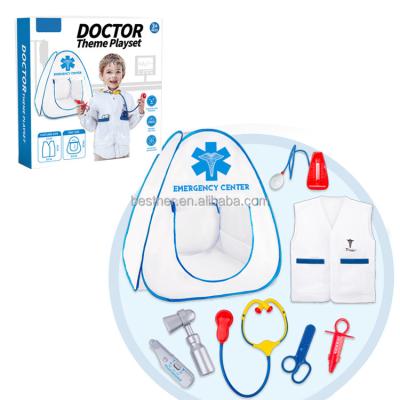 China Eco-Friendly Kids Learning Riomst 2021 New House Toy With Tent Plastic Scalpel Stethoscope Injector Role Play Suitcase In Running Doctor Theme Play Set for sale