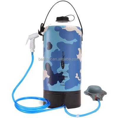 China Solar or add hot water (no more than 50°C) Custom Riomst Camping Supplies for Portable Shower with Foot Pump Cheap Price Camping Shower Bag with Foot Pump shower head hose for sale