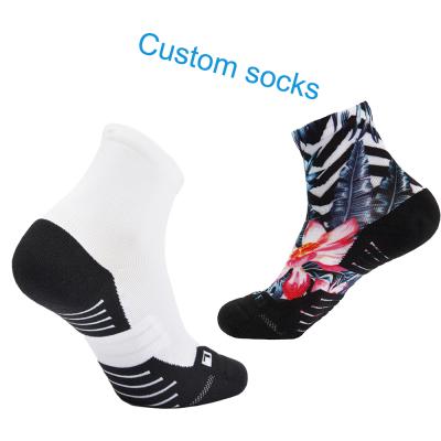 China Wholesale Breathable Customize Printed Sporty Ankle Towel Sublimation White Bottom Polyester Toweling Sports Custom Printed Socks for sale