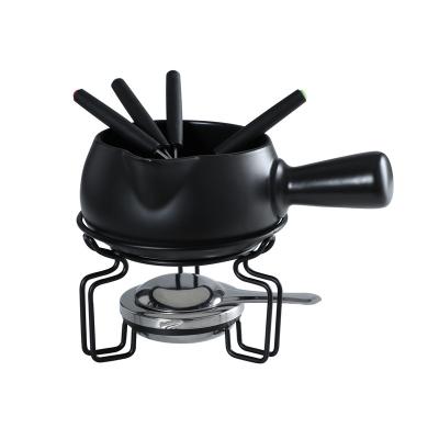 China Sustainable Modern Black Porcelain Kitchenware Ceramic Cheese Fondue Chocolate Hotel Fondue Set With Fork for sale