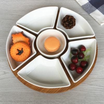 China Viable Popular Tapas Compartment Round Shape Design Ceramic Snack Serving Dish Set with Lazy Susan for sale