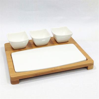 China Viable Custom Logo Modern Restaurant Porcelain Cheese Board Dishes With Sauce Dish And Bamboo Paddle for sale