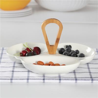 China New Product Disposable Hotel Divided Handle 3 Bamboo Serving Ceramic Plates For Restaurant for sale