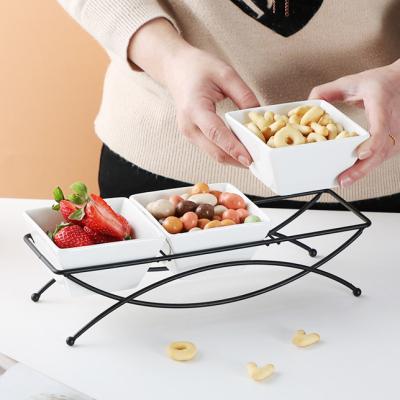 China Viable Hot Selling Home White Square Ceramic Restaurant Hotel Use Serving Dish Snack Dessert Dishes With Iron Stand for sale