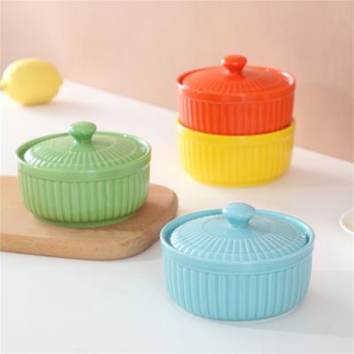 China Sustainable Hot Sale Restaurant Custom Modern Colorful Ceramic Baking Dish Souffle Dish Ramekins With Lid for sale