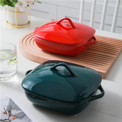 China Wholesale Sustainable Modern Green Red Ceramic Ceramic Baking Tray Restaurant Kitchen Porcelain Bakeware With Lid for sale