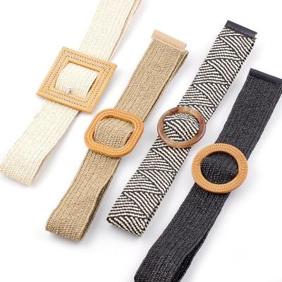 China OEM Fashionable Fanshion pp grass woven braided belts women ladies square buckle woven waistbands for dress accessories for sale