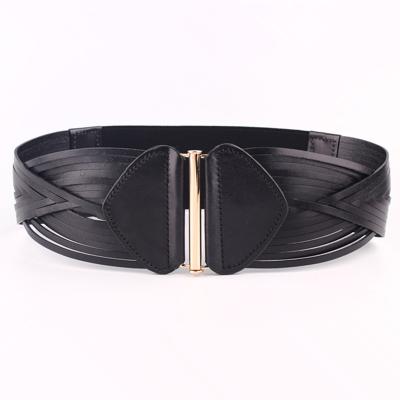 China NEW ALLOY DESIGN luxury fashion black elastic stretch genuine leather wide belts for dress for sale