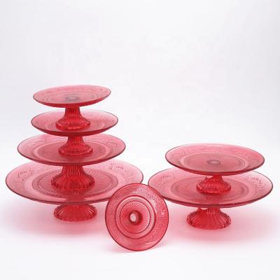 China Seven Size Sustainable Red Round Glass Cake Dish With Stand for sale