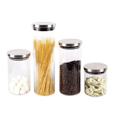 China Freshness Preservation 4 Pieces Borosilicate Glass Clear Storage Jar With Airtight Metal Lids for sale