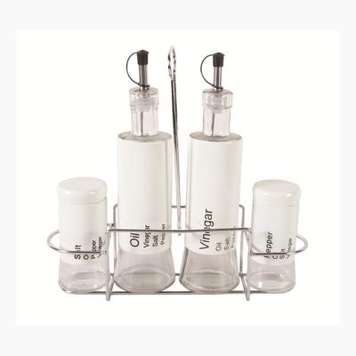 China Sustainable Set 4 White Metal Clad Glass Oil Vinegar Bottles And Glass Salt Pepper Shakers In Metal Holder for sale