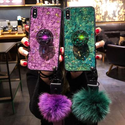 China Shockproof Glitter Phone Case Marble Epoxy Back Cover For iPhone 12 Case With Phone Holder Fur Ball Hand Strap for sale