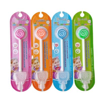 China PP BPA Free Plastic Lollipop Shape Kids Candy Tongue Scrapers Multicolor Plastic Dental Tongue Remover With Cover for sale