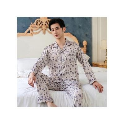 China Autumn Silk Men's Long-Sleeved Homewear Simple Spring Iron Tower QUICK-DRY Men's Pajamas Printing Long Sleeve Pants Suits for sale