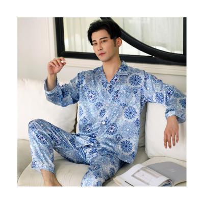 China New QUICK DRY Blue Print Men's Cardigan Pajamas Long Sleeve Casual Homewear Set for sale