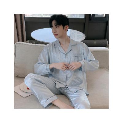 China Dot Printing Blue Autumn Soft Silky Men's Pajamas Pajamas Polka Dot Stylish QUICK DRY Long Sleeve Pajamas for sale