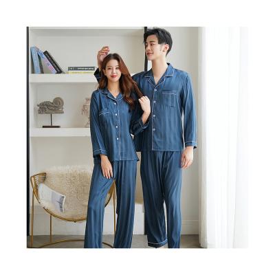 China Gray Blue Stripe Couples Long Sleeve Well Made QUICK DRY Wide Leg Pants Fitted Good New Comfy Cutting Pajamas for sale