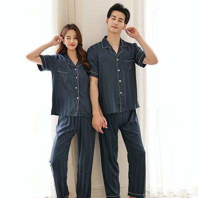 China High Quality Chosen Material Stripe Gray Blue Couples Long Sleeve Loose Wide Leg Pants QUICK DRY Pajamas for sale