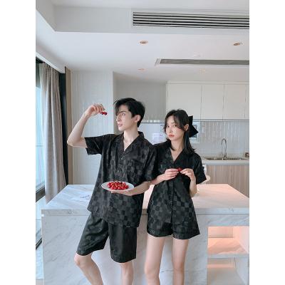 China Factory Supply Black QUICK DRY Grid Short Sleeve Shorts Custom Wholesale Pajamas Set 2 Piece Couple for sale