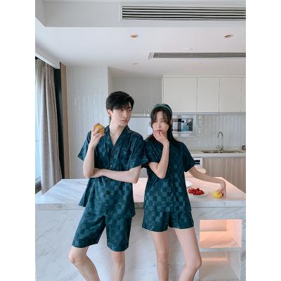 China Wholesale luxury green grid short sleeve QUICK DRY shorts silk satin pajamas matching couples for sale