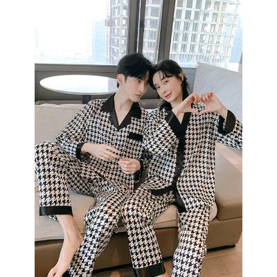 China Wholesale price thousand bird grid black and white men cheap QUICK DRY ladies silk pajamas couple set for sale