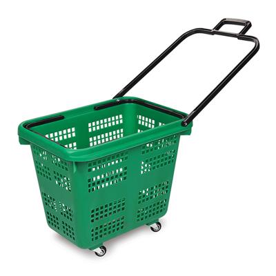 China Supermaerket Plastic Shopping Shopping Basket Roller Bulk Shopping Trolley Basket With Wheels for sale