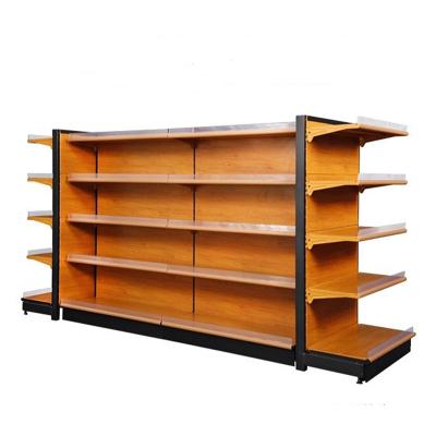 China New style double sided wood grain gondola wire store shelf display supermarket shelf for sale