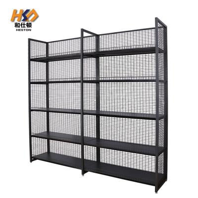 China Heavy Duty Single Sided Metal Gondola Rack Supermarket Shelf Wire Mesh Back Panel Supermarket Shelf for sale