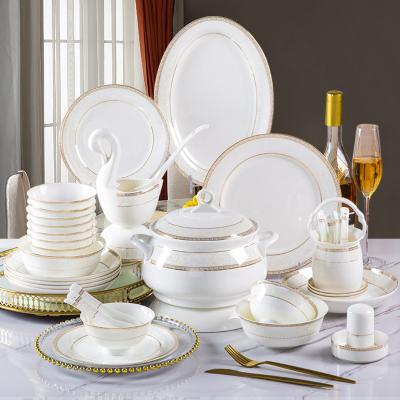 China Viable Wholesale Custom Restaurant White Gold Porcelain Home Dinnerware Set Viable Rim Ceramic Dinner Tableware Set for sale