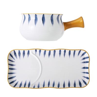 China Japanese Style Tableware Set Viable Hand Painted Ceramic Insulated Breakfast Afternoon Tea Food Bowl Dish With Handle for sale