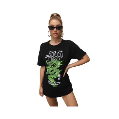 China 2021 Breathable Hot Sale Chinese Dragon Cotton Black Calm And Able Fashion Casual Short Sleeve Printed Ladies T-shirt for sale