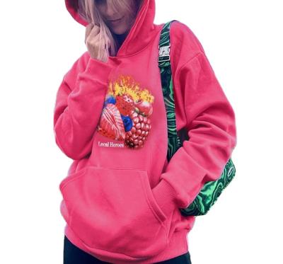 China Fashion Commuter Fashion Street Party Ladies Anti-wrinkle Loose Trend Pink Fruit Printing Thick Hoodie for sale