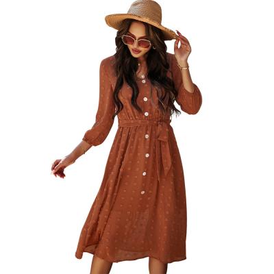 China 2021 New Anti-static Spring Women's Long Sleeve Waist Commuter Casual Dress High Chiffon Mid Length Skirt for sale