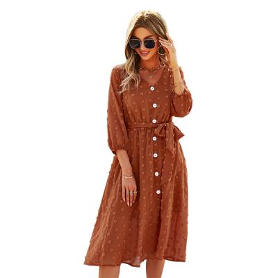 China 2021 new anti-static women's long-sleeved dress thin high-waist five-point autumn V-neck women's long-sleeved dress for sale