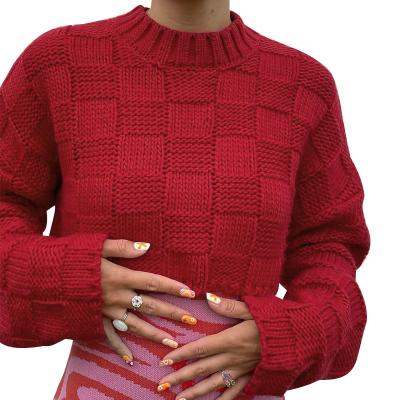 China 2021 Autumn Retro Plaid Texture Long Sleeve Woolen Blouse Red Simple Style Anti-wrinkle Knit Sweater for sale