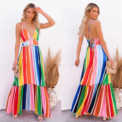 China Dress 2021 Summer Vestido Long Skirt Rainbow Stripe Print Halter Skirt Summer Floral Anti-static Long Casual Halter for sale