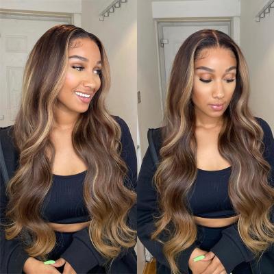 China Natural Highlight Hair Wig Bleached Knots Glueless Wave Kbeth Hair Lace Front Wigs Ombre 2 Tone #1B/27 Dark Roots To Strawberry Wigs for sale