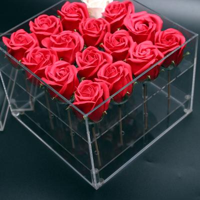 China Gift Box For Preserved Christmas Factory Wholesale Rose Real Flower Pink Acrylic Box With Drawer 16 Holes for sale