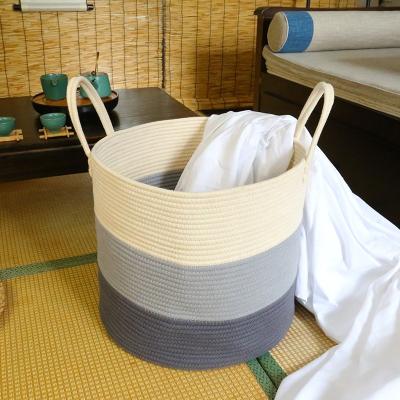 China Factory Viable Sales Foldable Soft Cotton Rope Storage Basket Woven Laundry Hamper With Handles for sale