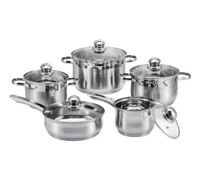 China Sustainable High Quality Flexible Environmentally Stainless Steel 10 Pc Cookware Set Stainless Steel Cookware Set With Glass for sale