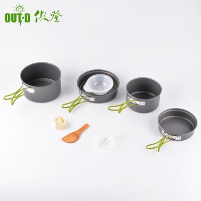 China Sustainable Picnic Cooking Anodized Aluminum Fry Pan Pot Set Cook Set With Tableware for sale