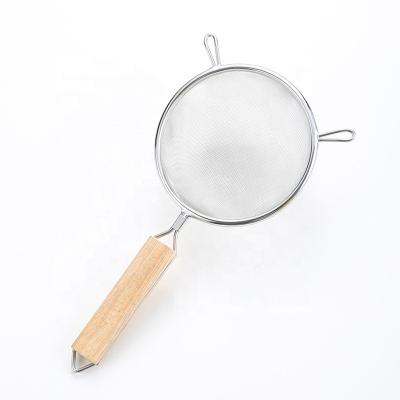 China Sustainable 304 Stainless Steel Large Strainer Wooden Handle Double Ear Deep Frying Scoop Household Kitchenware Flour Noodles Filtration for sale